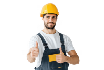 A confident construction worker wearing a yellow hard hat and overalls gives a thumbs-up gesture. symbolizing approval and positivity in a bright. minimalist studio setting