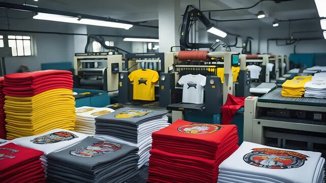 Factory Room with Stacks of Printed Tshirts in Red Yellow and White on Industrial Machines