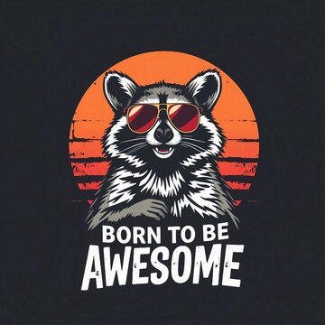 Cooler Waschb&auml;r mit Sonnenbrille vor Sonnenuntergang im Retro-Stil &ndash; stylisches T-Shirt-Motiv mit Schriftzug.