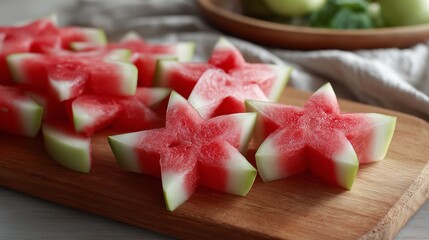 Colorful star-shaped watermelon slices arranged on a wooden cutting board with fresh limes in the background for a summer snack
