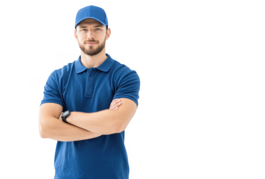 Confident young man in a blue polo shirt and cap stands with arms crossed against a plain white background. conveying professionalism and approachability. ideal for service industry promotions