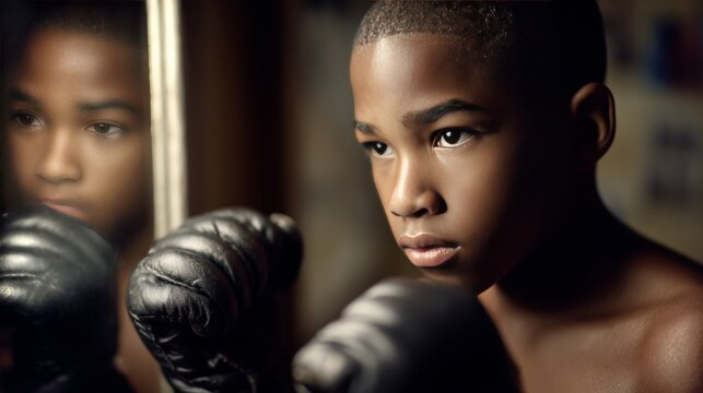 Young boy practicing shadowboxing with focus in front of mirror in a training space