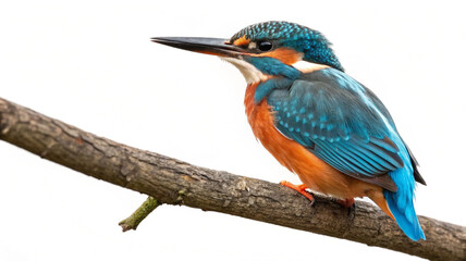 Obraz premium Vibrant Common Kingfisher perched on a branch, isolated on white background, showcasing its bright blue and orange plumage.