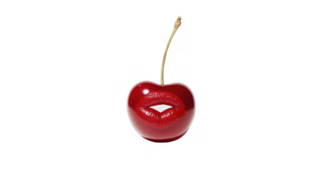 A vibrant. glossy cherry with a kiss-shaped imprint on its surface. set against a clean white background. symbolizing love and sweetness. perfect for romantic or food-related themes
