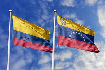 The Sister Flags of Colombia and Venezuela Waving Together Under a Bright Blue Sky, Symbolizing Their Shared History, Cultural Ties, and South American Brotherhood.