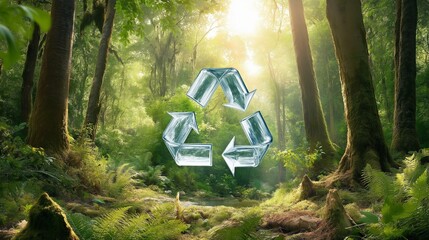 A glowing green recycling symbol, made of sleek metallic arrows, floating in the air above a lush forest