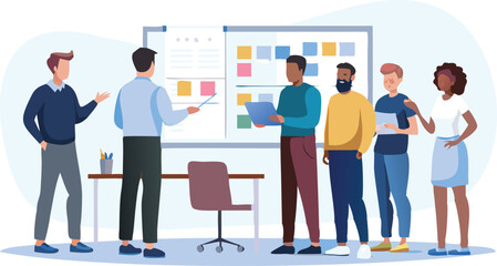 Obraz premium A diverse group of colleagues are gathered around a whiteboard during a presentation in an office space