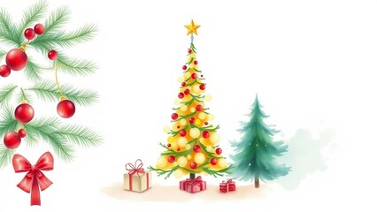 Fr&ouml;hlich geschm&uuml;ckter Aquarell-Weihnachtsbaum mit Stern und Kugeln &ndash; festlich, verspielt und ideal f&uuml;r Weihnachtskarten oder Deko-Designs.