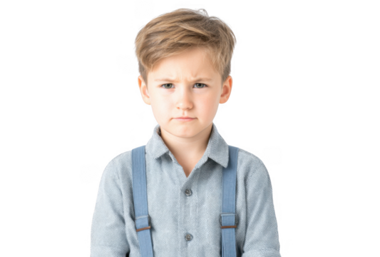 A young boy with a serious expression stands against a plain background. wearing a light gray shirt and blue suspenders. conveying a sense of contemplation or dissatisfaction