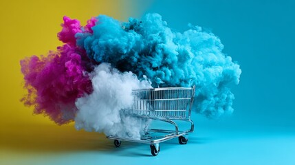 Colorful cloud explosion behind mini shopping cart for retail marketing creative concept ecommerce surreal visuals