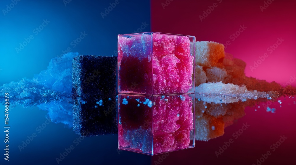 Poster colorful textured cubes over neon reflection for abstract 3d product display creative design visuals
