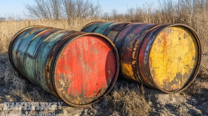 Colorful Weathered Metal Barrels in Natural Landscape Setting