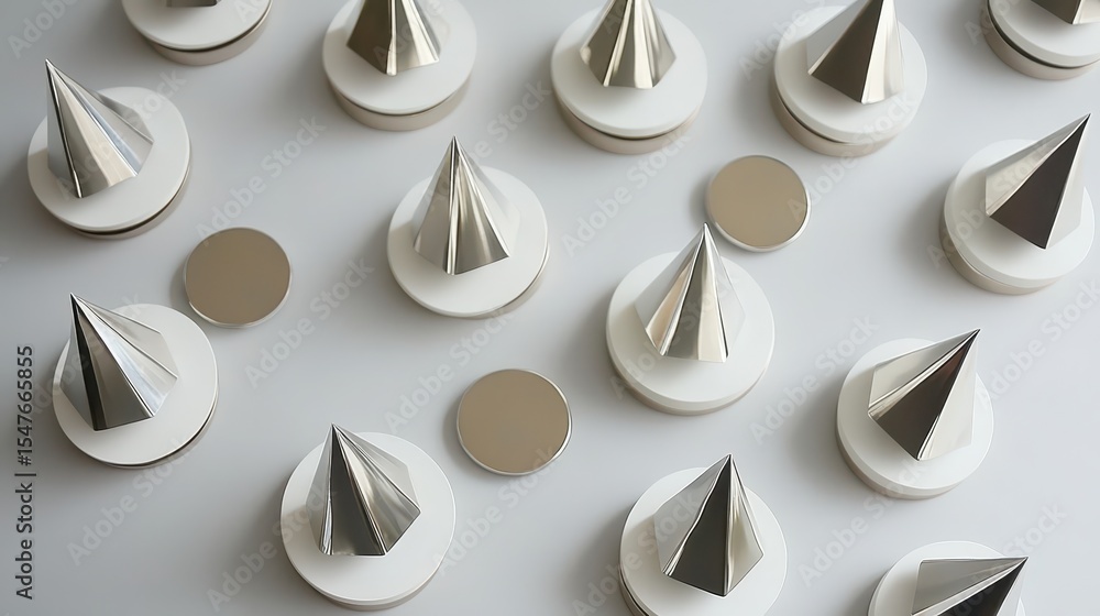 Poster elegant arrangement of metallic cones and circular disks on table