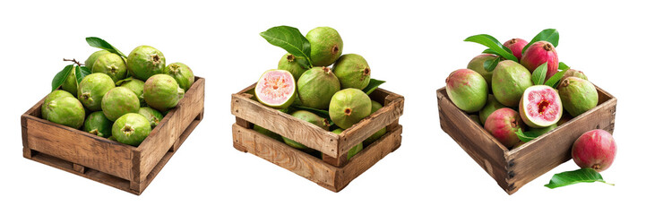 Three wooden crates filled with ripe guava fruits. The crates are isolated on a transparent background, showing the natural color and texture of the fruit.