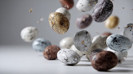 Floating marble-like eggs in air isolated on neutral background for 3D product visuals abstract composition scene