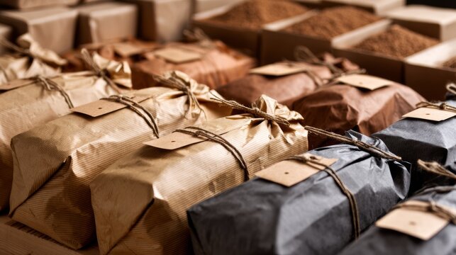 Parcel packages wrapped in paper and string overhead view for vintage shipping product packaging visuals concept scene