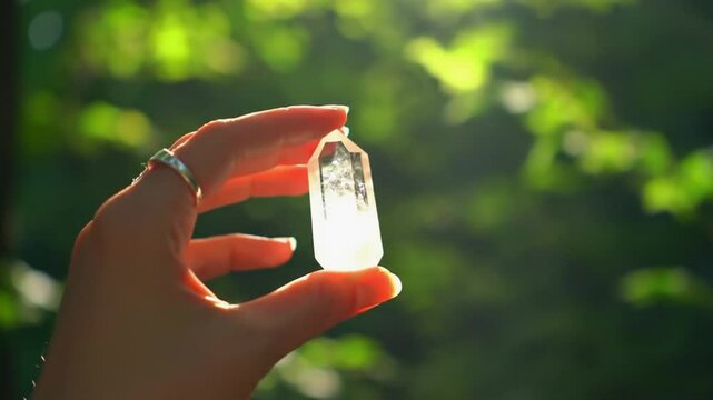 Yoni energy flows through quartz in a sunlit forest. Suitable for healing, spirituality, energy, meditation content, and wellness publications.