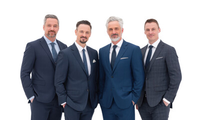 A group of four professional men in tailored suits standing confidently together against a clean white background. showcasing teamwork and professionalism in a corporate setting