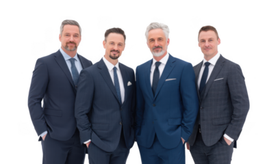 A group of four professional men in tailored suits standing confidently together against a clean white background. showcasing teamwork and professionalism in a corporate setting