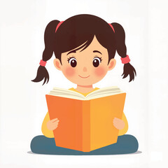 Happy girl reading book on white background, children's rights awareness