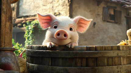 A curious piglet peeking over the edge of a wooden trough, with its ears perked up and a backdrop of a cozy farmhouse 