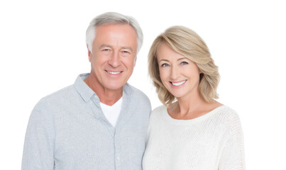 A cheerful senior couple smiles warmly at the camera. showcasing their happiness and connection. set against a clean white background that emphasizes their joyful expressions