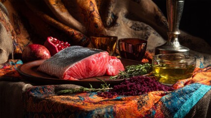 Colorful spice bowls with herbs on rustic fabric for culinary product branding visuals and organic food packaging