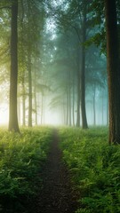 Path in the morning foggy forest with mist, green grass and tall trees
