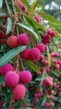 red lychee ripe on tree at orchard	
