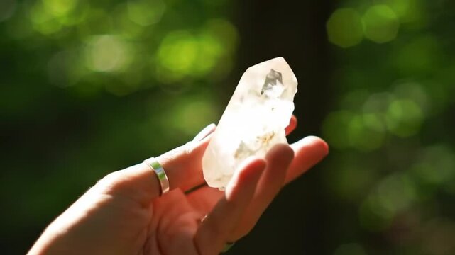 Yoni energy flows through quartz in a sunlit forest. Suitable for healing, spirituality, energy, meditation content, and wellness publications.