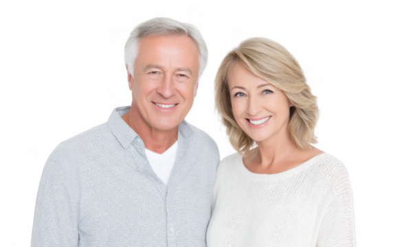 A cheerful senior couple smiles warmly at the camera. showcasing their happiness and connection. set against a clean white background that emphasizes their joyful expressions