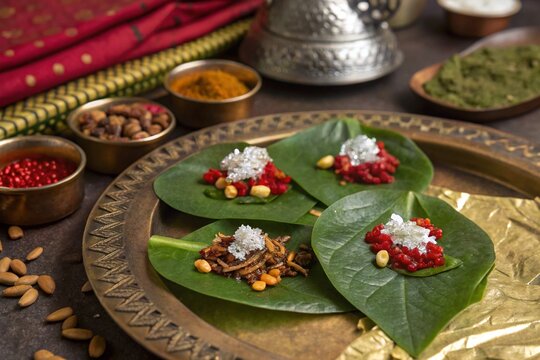 A traditional Bengali paan (betel leaf) arrangement served with supari (areca nut) and jorda (sweet flavored tobacco), placed on a brass plate. 