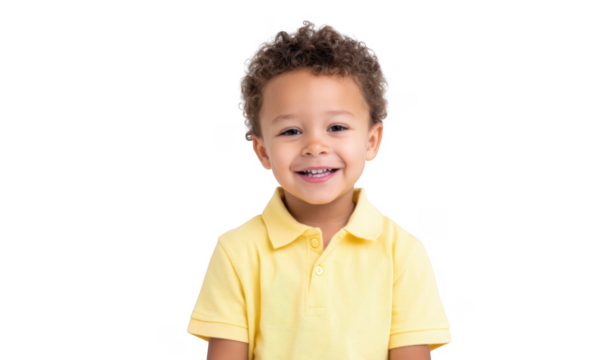 A cheerful young boy with curly hair wearing a yellow polo shirt smiles brightly against a plain white background. exuding joy and innocence. perfect for family-oriented content