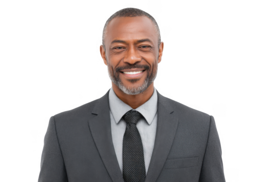 Confident middle-aged businessman in a formal suit smiling warmly against a plain white background. conveying professionalism and approachability. ideal for corporate or business-related use