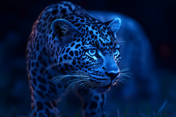 Majestic leopard with glowing eyes prowls through the dark, illuminated by a mysterious light.