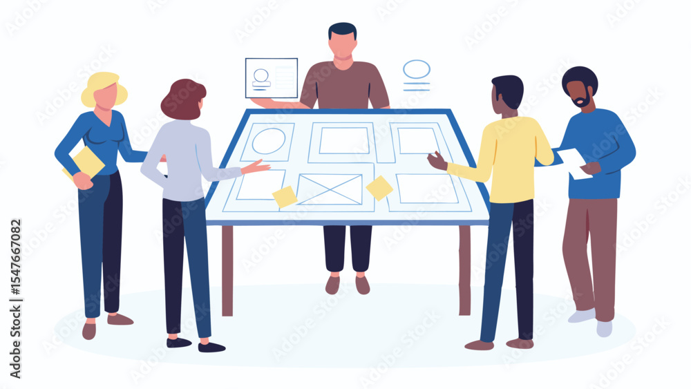 Poster diverse team collaborating on a large table with design mockups and sticky notes in a bright office 
