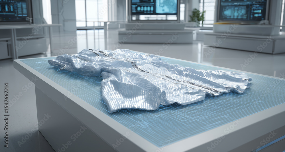 Poster A sleek nanofabric piece sits on a high-tech table in a modern lab, surrounded by advanced screens, showcasing the future of textile innovation and design.