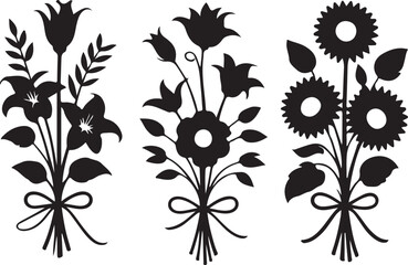 A trio of distinct floral bouquet silhouettes, each tied with a charming bow.