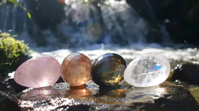 Yoni four polished gemstone eggs near waters edge. Suitable for wellness, holistic, crystal healing, feminine energy, and relaxation concepts.