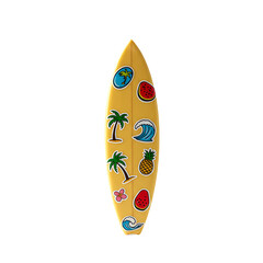 A yellow surfboard with summerthemed stickers It is against a black backdrop