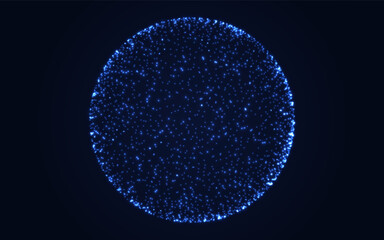 Sphere of particles. Glowing blue globe of dots on dark background. Futuristic digital circle design for tech, data or science theme. Data connection visualization. Vector Illustration.