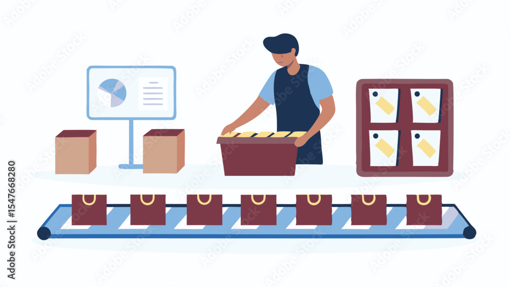 Poster man filling boxes on a conveyor belt with chart and notes in background in an automated process line