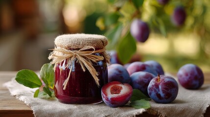 A jar of purple plum jam sits on a table next to a bunch of plums