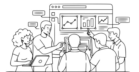 Black and white line art illustration depicting a team of diverse professionals collaborating on data analysis using laptops and digital charts