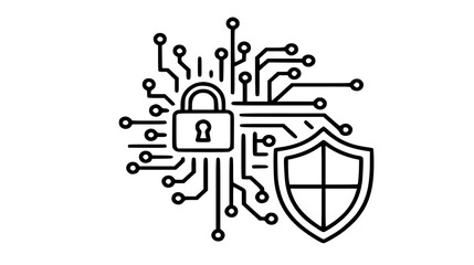 Minimalistic line art design of a padlock and shield intertwined with circuit lines, illustrating the essence of cybersecurity and data protection
