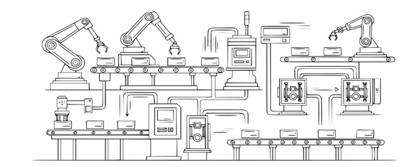 Detailed Line Art of a Modern Automated Manufacturing System Featuring Robotic Arms, Conveyors, and Processing Equipment for Efficiency