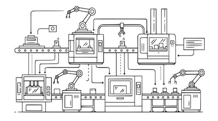 Line Art Illustration of an Advanced Industrial Automation System Featuring Robotic Arms and Machinery for Streamlined Production Processes