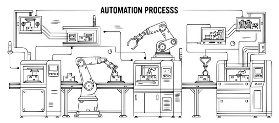 Obraz premium Automation Process Diagram: Detailed Illustration of Robotics and Machinery in a Streamlined Production Environment for Enhanced Efficiency