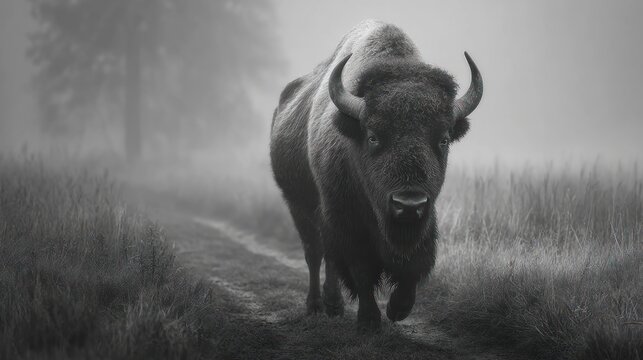 Majestic bison portrait in a misty monochrome grassland setting