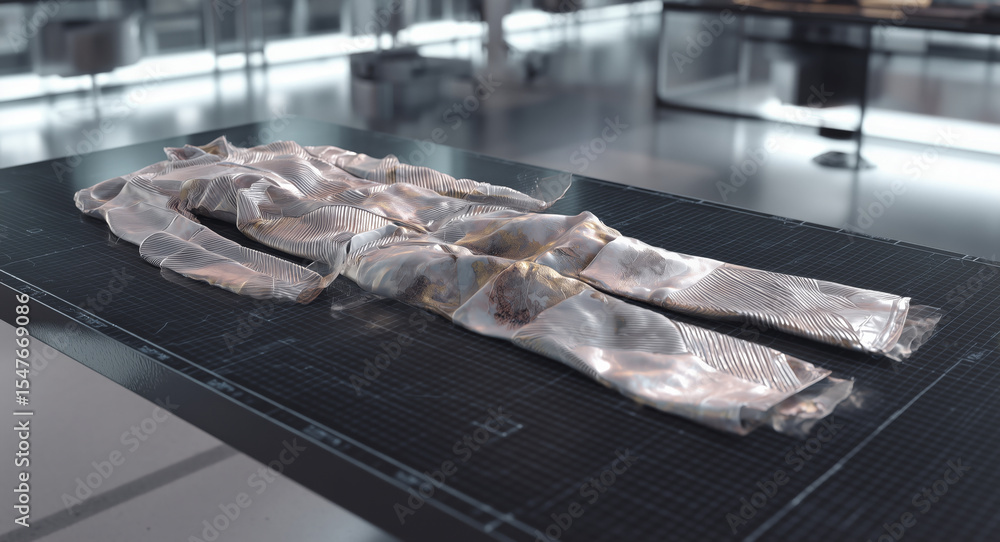 Poster a sleek, transparent nanofabric suit lies flat on a design table in a high-tech lab.